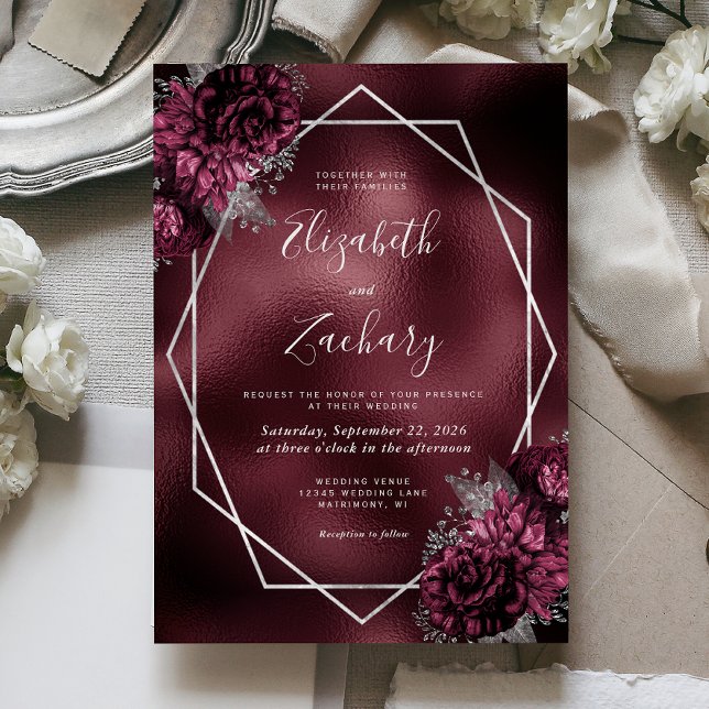 Convites Casamento Floral de Moldura Prateada e Falso Folhe (Criador carregado)
