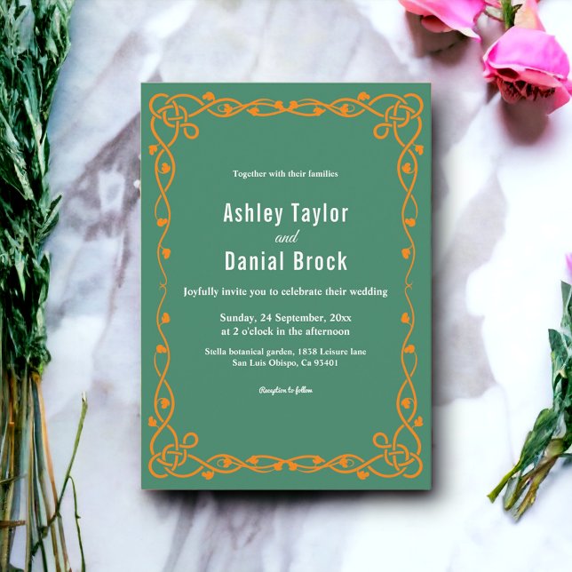 Convites Casamento Floral de Moldura Verde Mínima Elegante (Criador carregado)