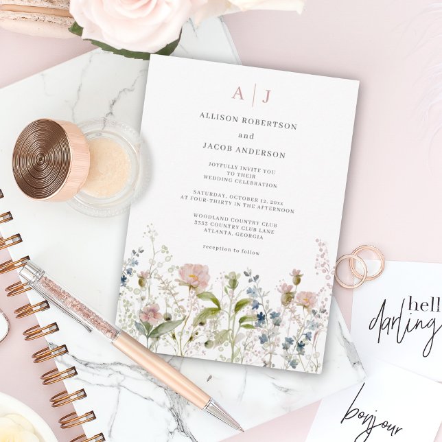 Convites Casamento Floral de Monograma Cor-de-Rosa (Criador carregado)