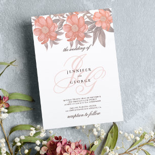 Convites Casamento floral de monograma de cinza mole de cor