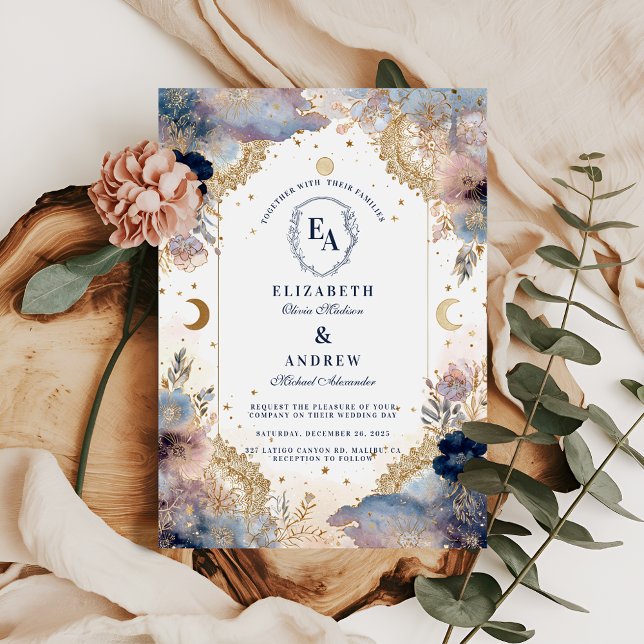 Convites Casamento Floral de Moonlit Sky e Rosa (Criador carregado)