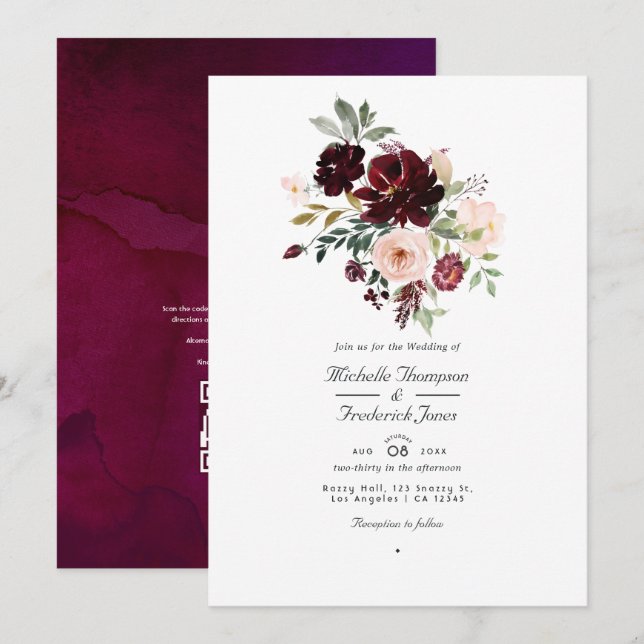 Convites Casamento Floral de Morango e Bege com RSVP por Có (Frente/Verso)