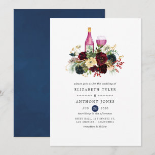 Convites Casamento Floral de Natal com Vinho Borgonha e Azu