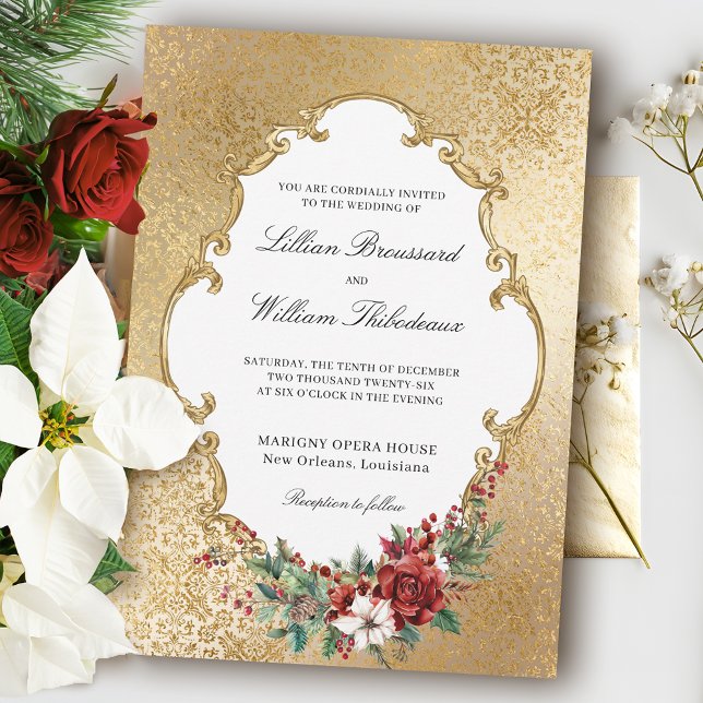 Convites Casamento Floral de Natal de Opulência ouro (Criador carregado)