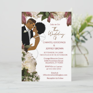Convites Casamento Floral de Noiva e Noivo Afro-Americanos