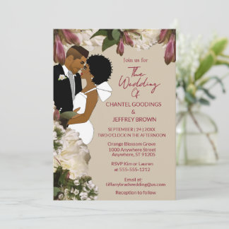 Convites Casamento Floral de Noiva e Noivo Afro-Americanos