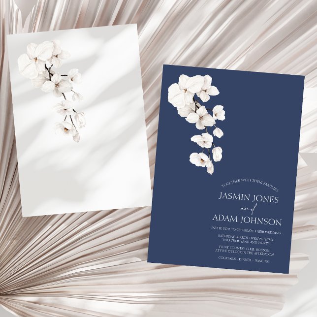 Convites Casamento Floral de Orquídea Branca Azul Marinho M (Modern Navy Blue White Orchids Flowers Wedding Invitation)