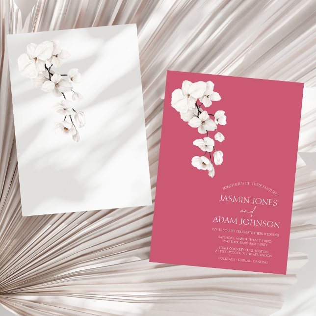 Convites Casamento Floral de Orquídea Branca Rosa Magenta M (Modern Magenta Pink White Orchids Flowers Wedding Invitation)