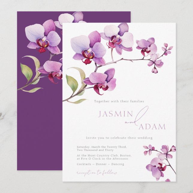 Convites Casamento Floral de Orquídea Roxa Elegante (Frente/Verso)
