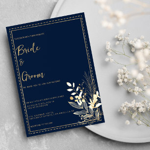 Convites Casamento floral de ouro azul-marinho simples