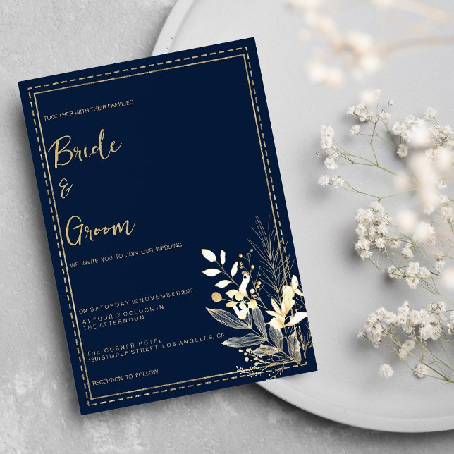 Convites Casamento floral de ouro azul-marinho simples (Simple chic navy blue gold floral Wedding )