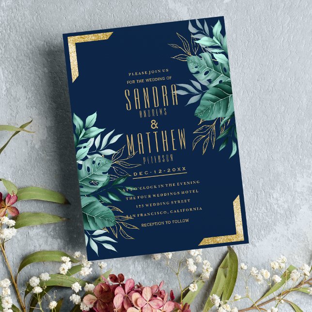 Convites Casamento floral de ouro azul-marinho tropical (Tropical navy blue gold glitter floral Wedding )