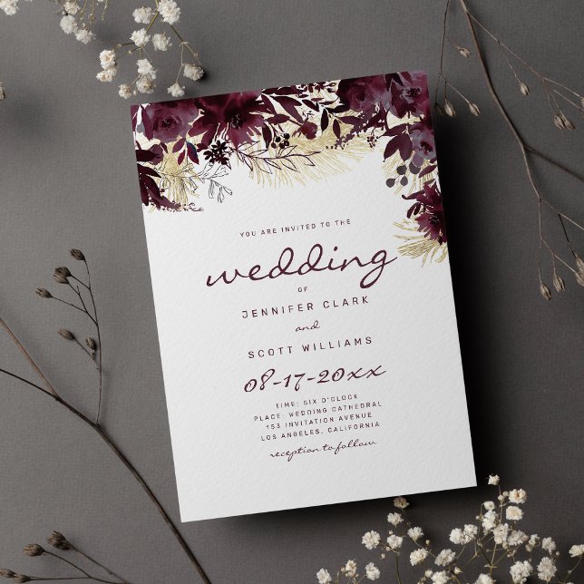 Convites Casamento floral de ouro branco e burguês (Watercolor burgundy white gold floral wedding invitation )