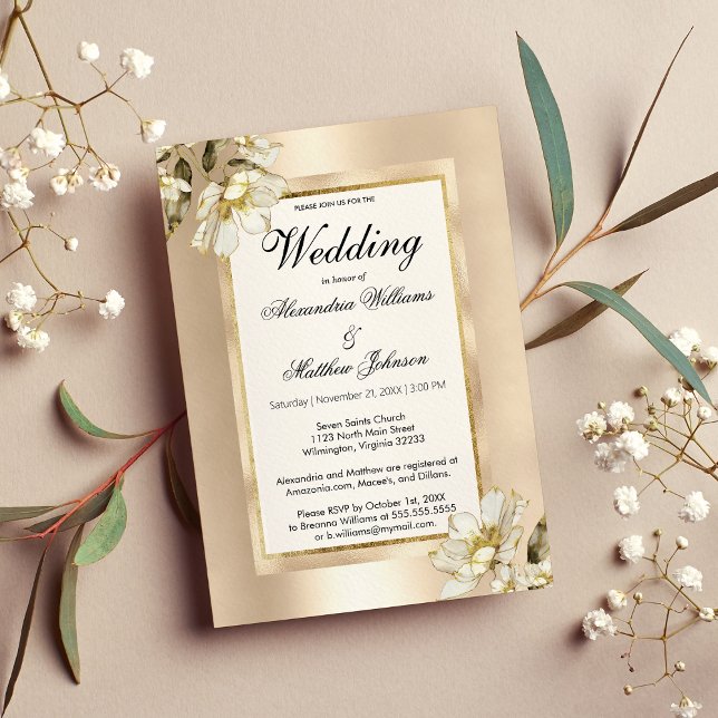 Convites Casamento floral de ouro branco elegante (Elegant white glam champagne gold floral Wedding)
