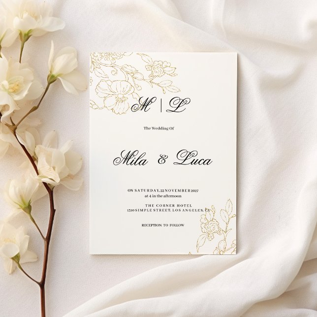 Convites Casamento floral de ouro branco simples e elegante (Simple elegant white gold floral Wedding)