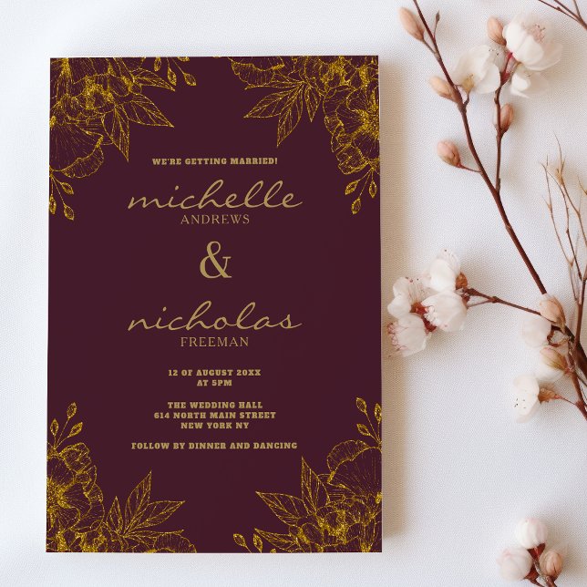 Convites Casamento floral de ouro burgundy de luxo (Luxury hue burgundy gold glitter floral wedding)