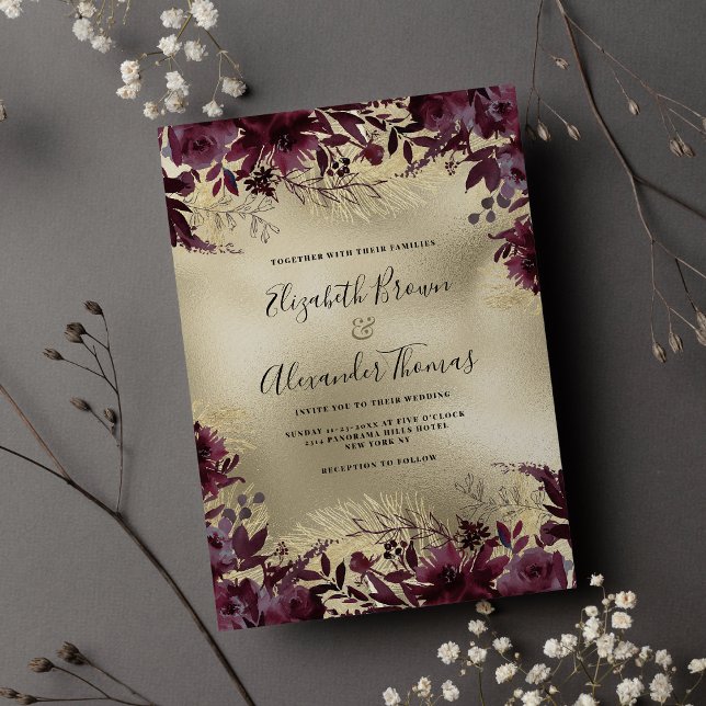 Convites Casamento floral de ouro burgundy de luxo (Luxury burgundy gold glitter floral wedding invitation )