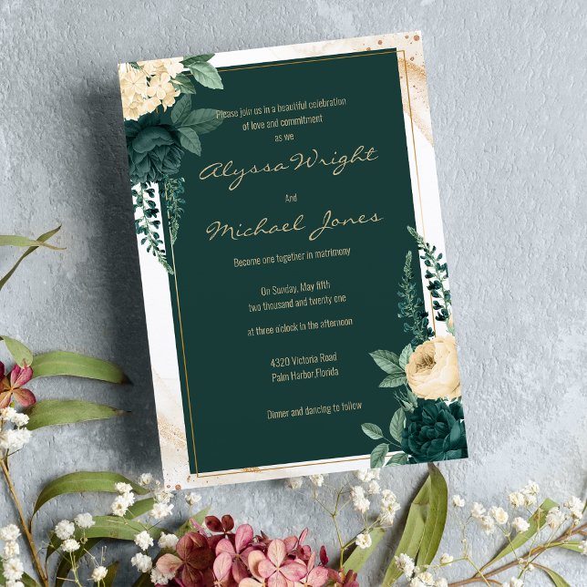 Convites Casamento floral de ouro esmeraldo verde-esmeralda (Elegant emerald green ivory gold floral Wedding )