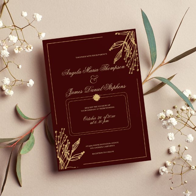 Convites Casamento floral de ouro geométrico minimalista (Minimalist geometric burgundy gold floral wedding invitation )