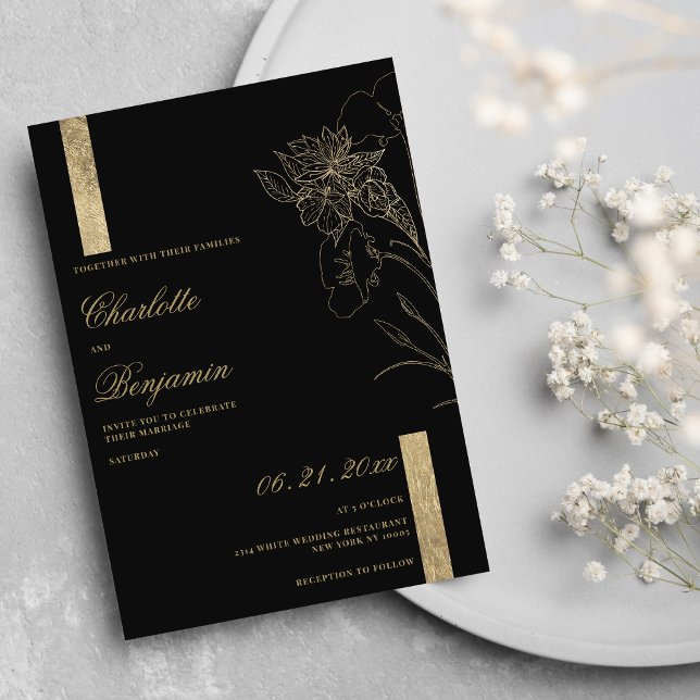 Convites Casamento floral de ouro negro e elegante (Elegant minimalist chic black gold floral wedding )