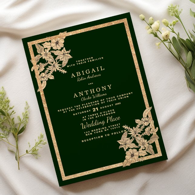 Convites Casamento floral de ouro verde-escuro de luxo (Luxury dark green gold glitter floral Wedding )