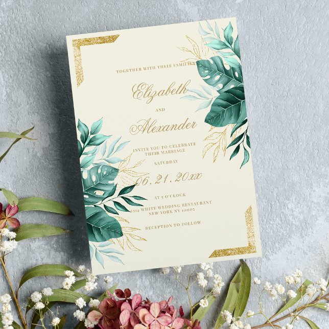 Convites Casamento floral de ouro verde-tropical (Tropical green ivory gold glitter floral wedding )