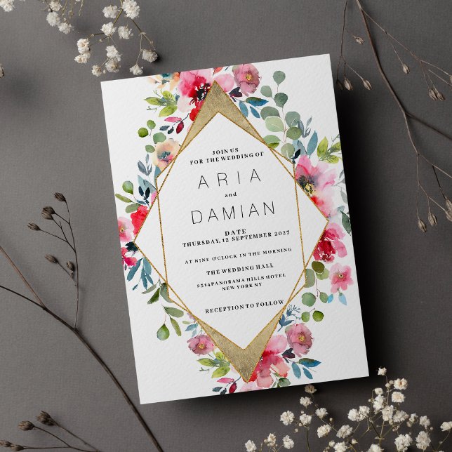 Convites Casamento floral de ouro vermelho-rosa geométrico (Geometric pink mint red gold floral Wedding )