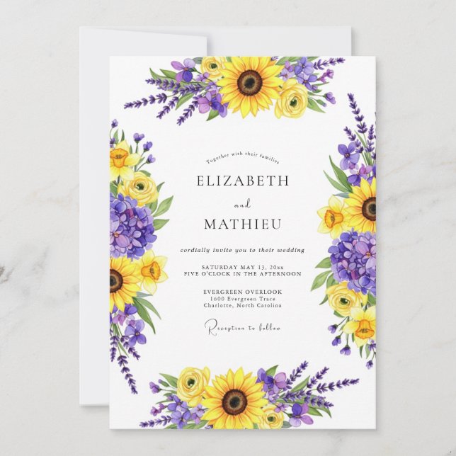 Convites Casamento Floral de Outono Amarelo Roxo (Frente)