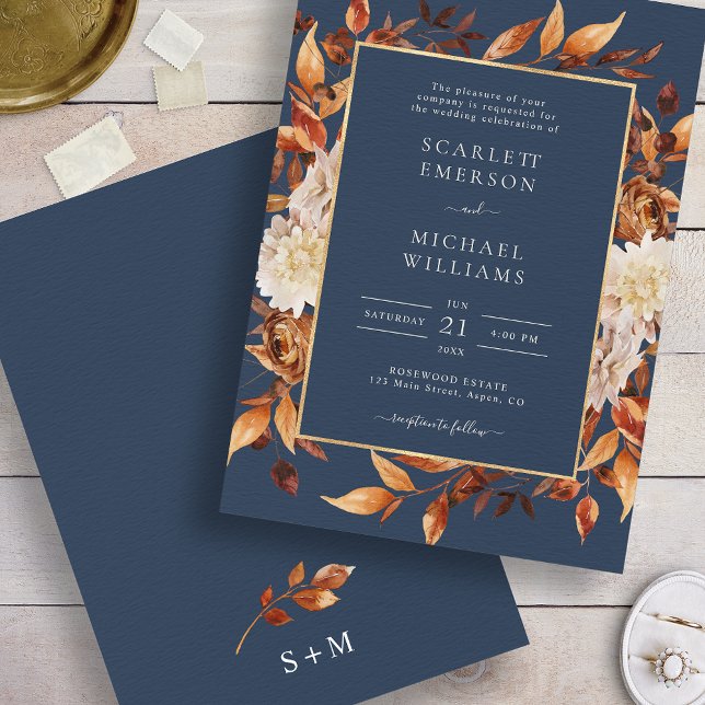 Convites Casamento Floral de Outono Azul Marinho (Navy Blue Fall Floral Wedding Invitation
)