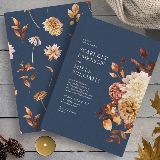 Convites Casamento Floral de Outono Azul Marinho (Navy Blue Autumn Floral Wedding Invitation by Painted Paperie
)