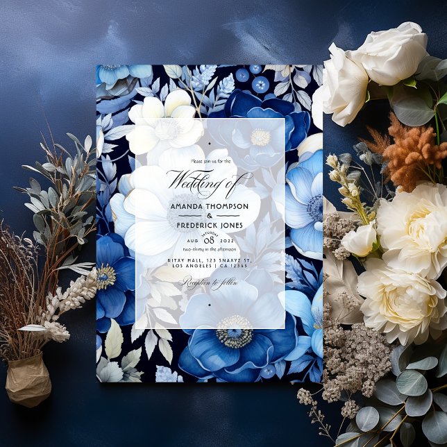 Convites Casamento Floral de Outono Azul Marinho, Prata e B (Criador carregado)