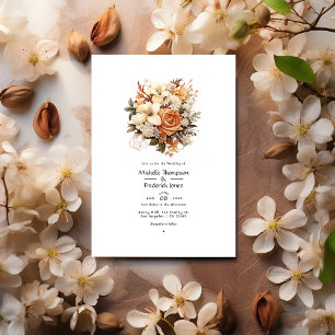 Convites Casamento Floral de Outono Bege a Castanho