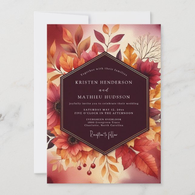 Convites Casamento Floral de Outono Borgonha (Frente)