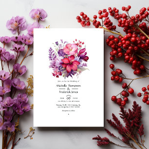 Convites Casamento Floral de Outono Cereja Vermelha e Roxo