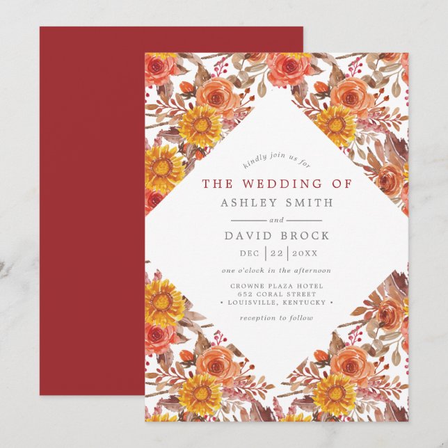 Convites Casamento Floral de Outono com Aquarela Rústica (Frente/Verso)