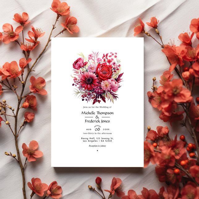 Convites Casamento Floral de Outono com Gradiente Vermelho (Criador carregado)