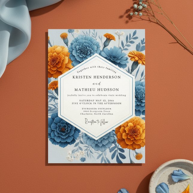 Convites Casamento Floral de Outono com Laranja Azul (Criador carregado)