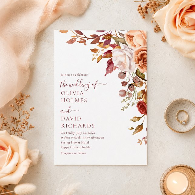 Convites Casamento Floral de Outono com Laranja Queimada e  (Burnt Orange & Peach Fall Floral Wedding Invitation)