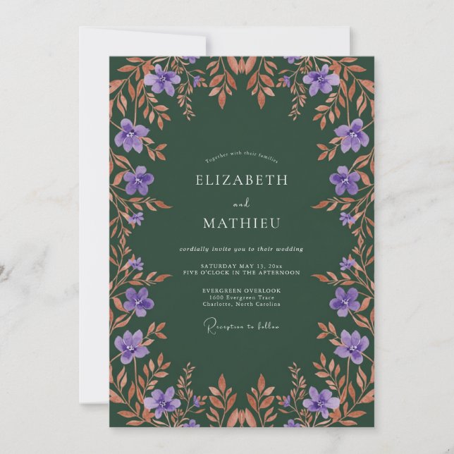 Convites Casamento Floral de Outono com Roxo Intenso (Frente)