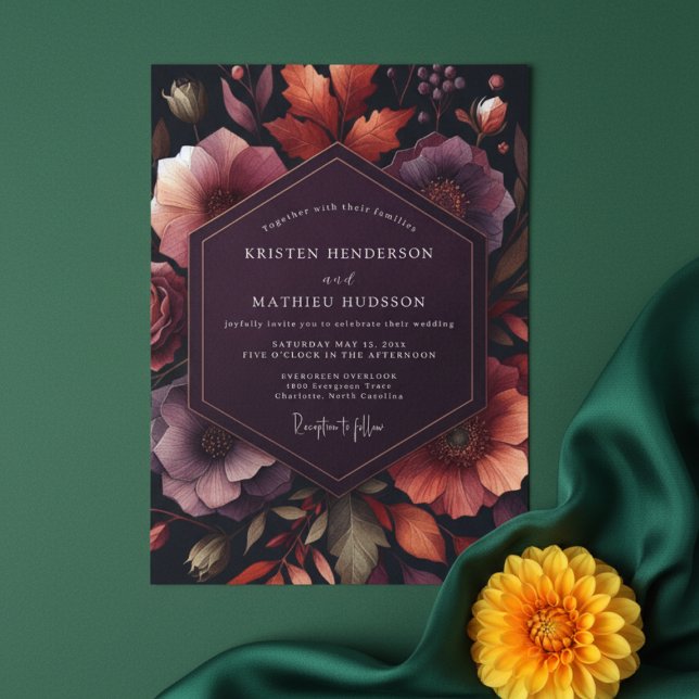 Convites Casamento Floral de Outono com Tonalidade Ameixa I (Criador carregado)
