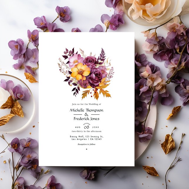 Convites Casamento Floral de Outono com Vinho de Ameixa e D (Criador carregado)