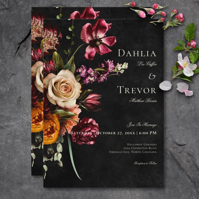 Convites Casamento Floral de outono de Escuro Elegante (Dark Elegant Autumn Floral Wedding Invitation)