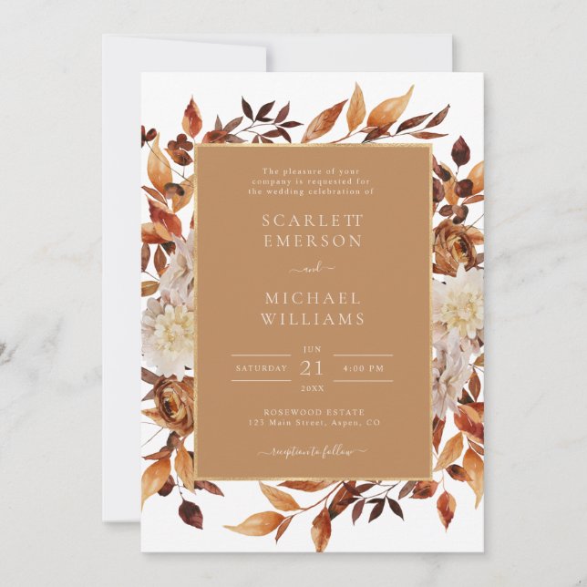 Convites Casamento Floral de Outono Dourado (Frente)