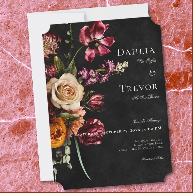 Convites Casamento Floral de Outono Elegante e Escuro (Dark Elegant Autumn Floral Wedding Invitation)