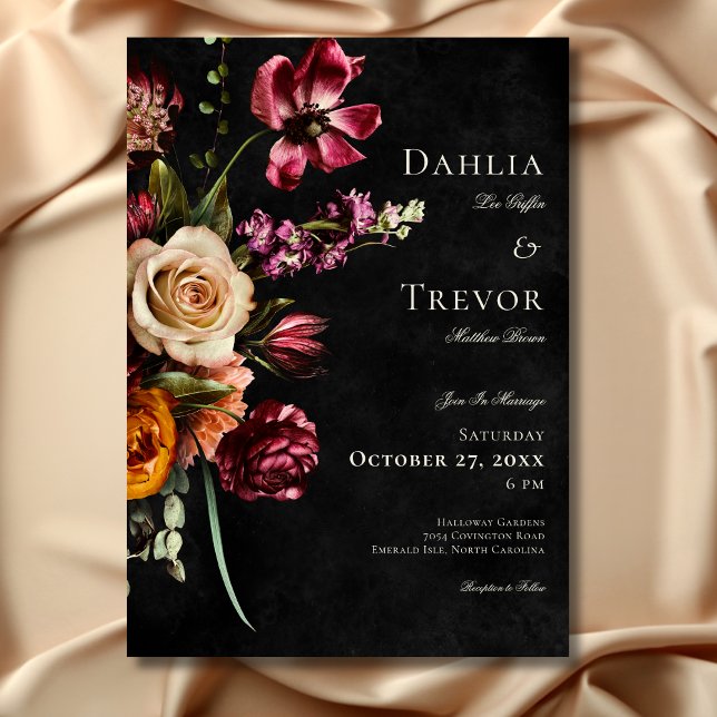 Convites Casamento Floral de Outono Elegante e Escuro (Dark Elegant Autumn Floral Wedding Invitation)