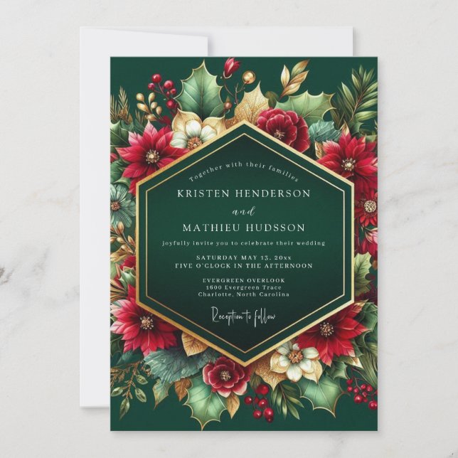Convites Casamento Floral de Outono em Esmeralda Profunda (Frente)