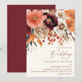 Convites Casamento Floral de Outono em Laranja Borgonha