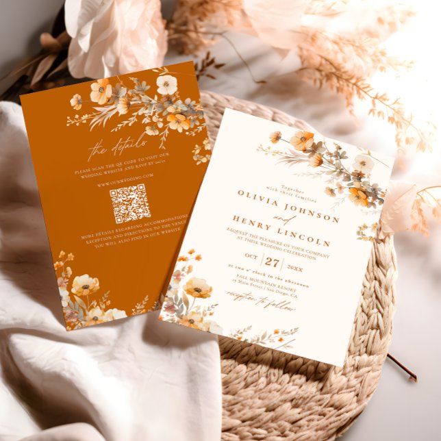 Convites Casamento Floral de Outono em Laranja Queimada (Criador carregado)