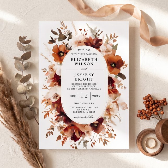 Convites Casamento Floral de Outono em Laranja Queimado e B (Burnt Orange Burgundy Fall Floral Wedding Invitation)