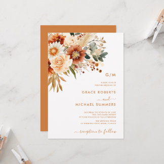 Convites Casamento Floral de Outono em Terracota com Aquare